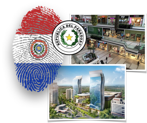 Kollagebild mit Skyline von Asuncion inklusive Paseo Galeria, luxuriöser Einkaufspassage und Daumenabdruck in Paraguayischen Farben - Zeichen des wirtschaftlichen Aufschwungs und attraktiven Investmentmöglichkeiten.